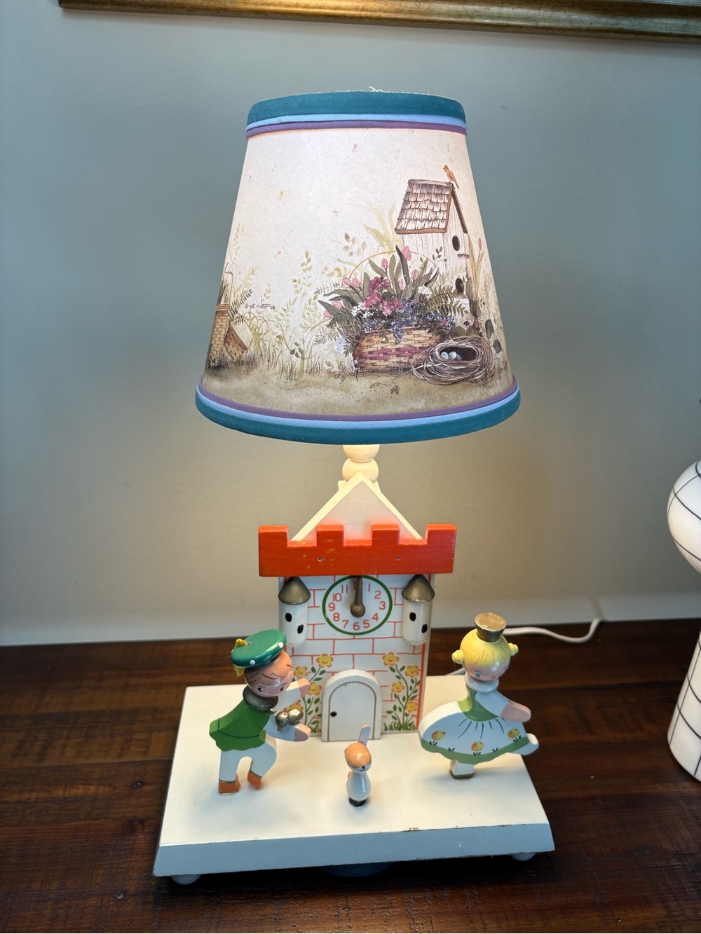 Vintage Irma Wooden Children’s Lamp Featuring Hand-Painted Figures